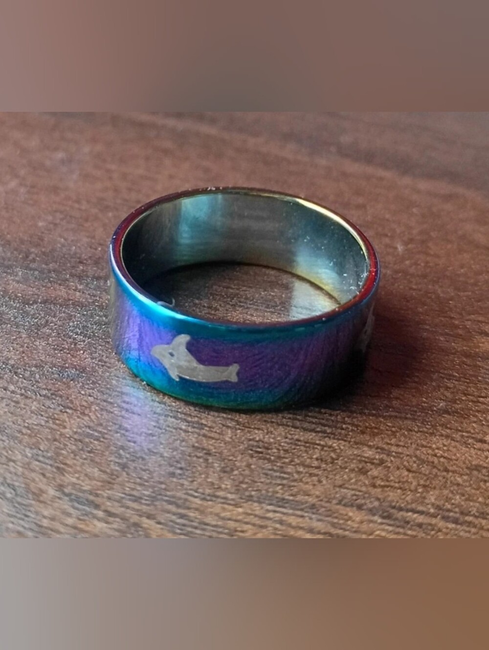 Stainless Steel Rainbow Iridescent Whale Engraved Ring Size 7.5